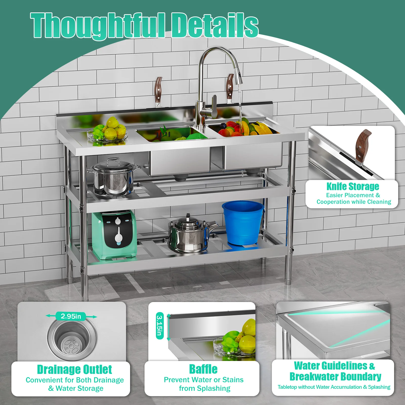Commercial Restaurant Sink Stainless Steel Double Bowl 3 Tier With Pull Out Faucet Hot Cold Water 120cm For Commercial Kitchen