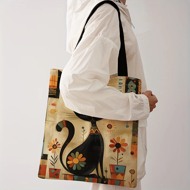 Egyptian Cat Print Tote Bag - Vibrant Floral & Geometric Pattern, Polyester Reusable Shopping Bag with Sturdy Handles