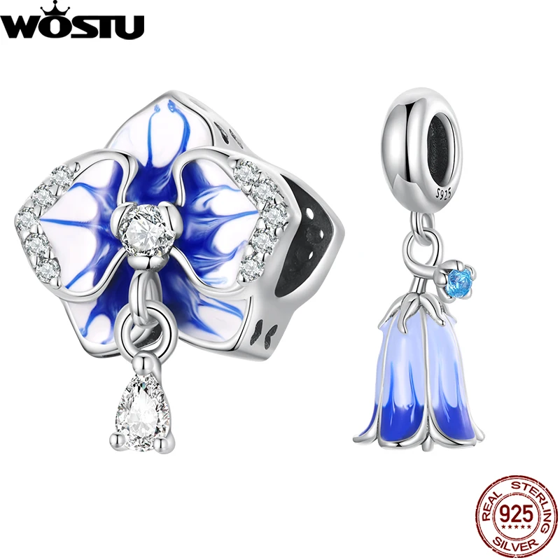 WOSTU 925 Sterling Silver Harebells Hanging Bead Butterfly Orchid Blue Flower Charms Fit Original Bracelet Pendant DIY Jewelry