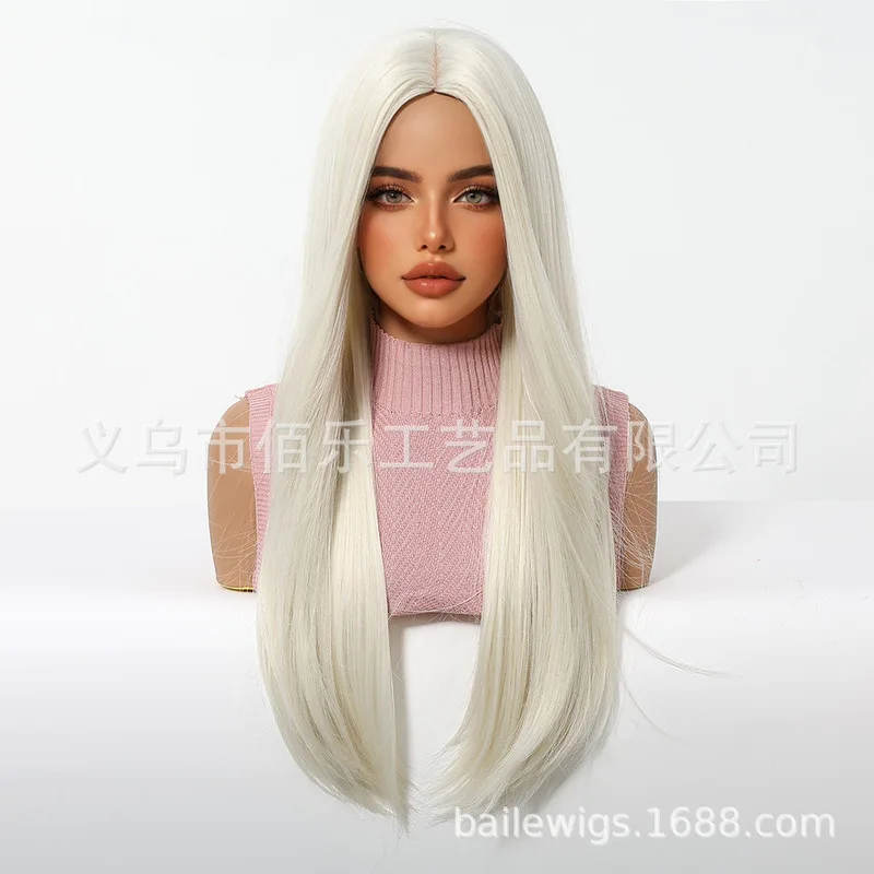 European and American wigs, silver-white long straight hair, heat-resistant hair fibers