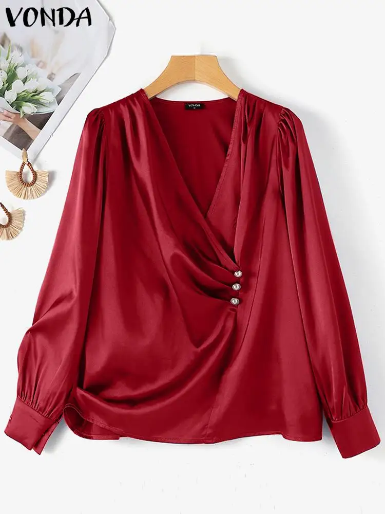 VONDA 2024 Summer Fashion Women Blouse Long Puff Sleeve Satin Elegant Shirts Casual Solid Sexy V-Neck Loose Pleated Tunic Tops