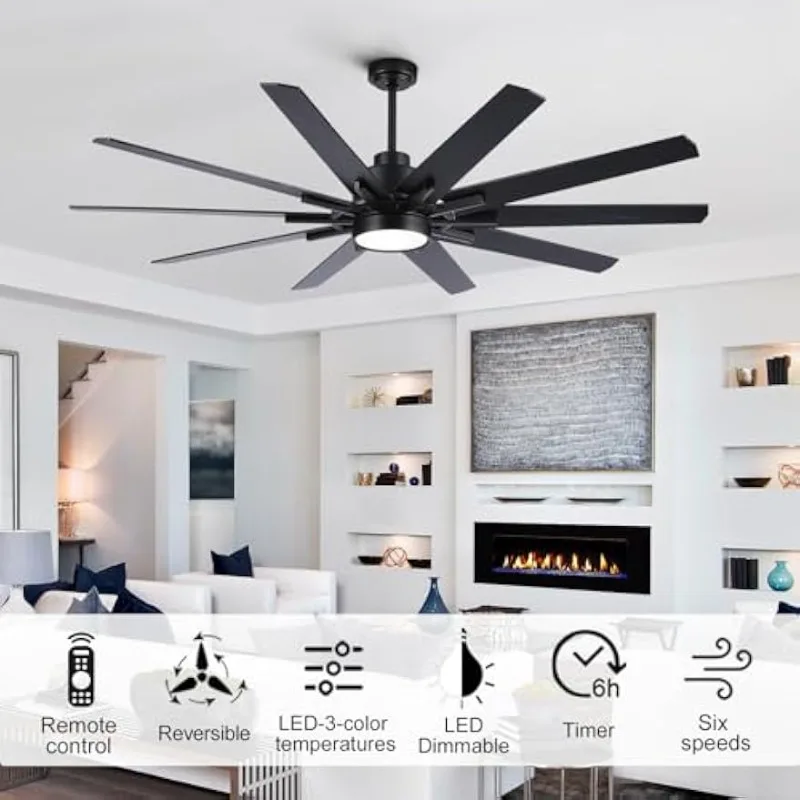 72 inch Large Black Ceiling Fans with Lights and Remote,Industrial ceiling fan 6 Speed Reversible Quiet DC Motor, 3 CCT