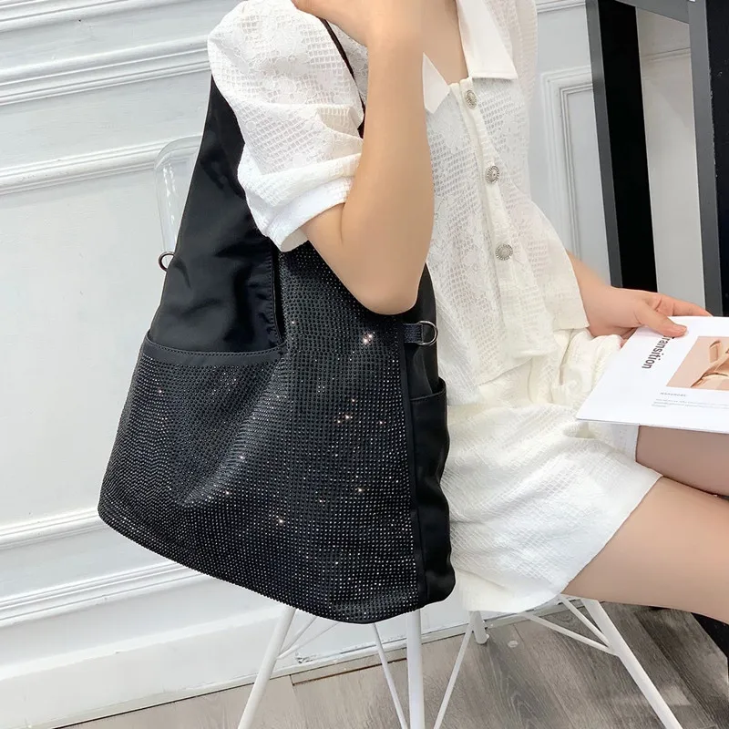 luxury diamond large bag fashion South Korean Oxford cloth with cowhide lightweight travel duffel capacity single shoulder bag