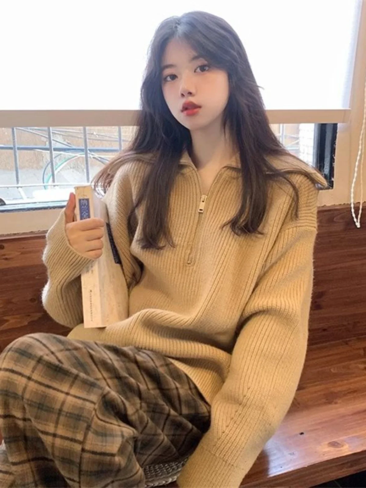 Felpa con cappuccio morbida Sle coreana con zip da donna primavera autunno vintage versatile allentata dimagrante colletto ampio top lavorato a maglia