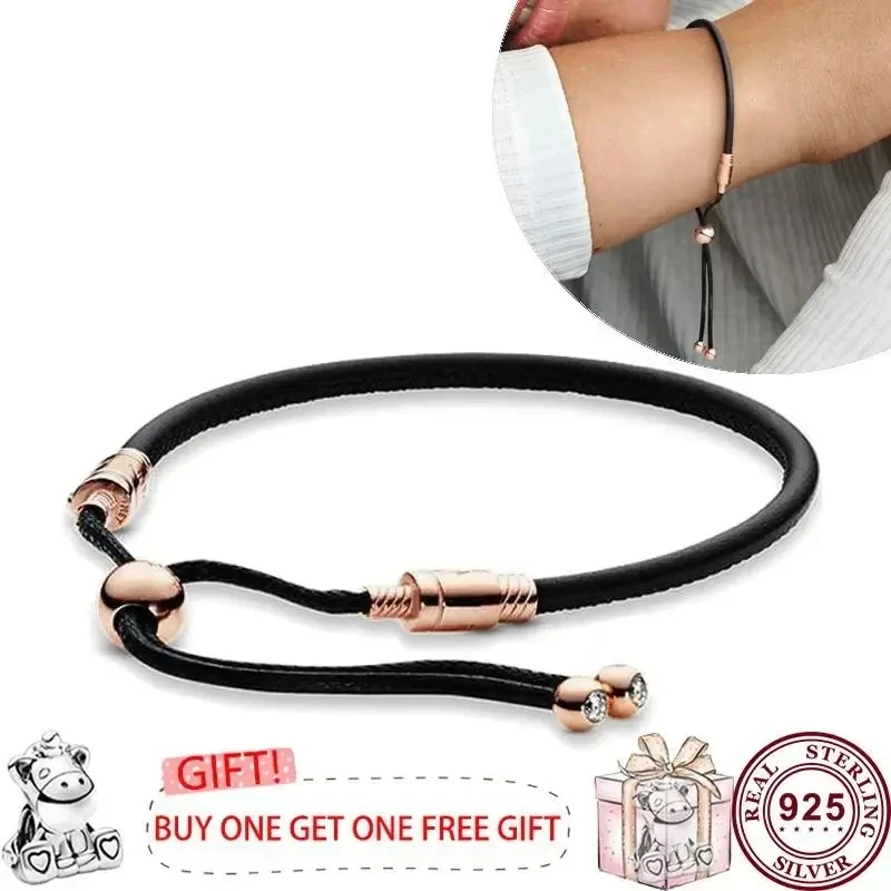New Hot Selling S925 Sterling Silver Stretchable Leather Rope Woven Original Women's Logo Sliding Bracelet Fashion DIY Jewelry