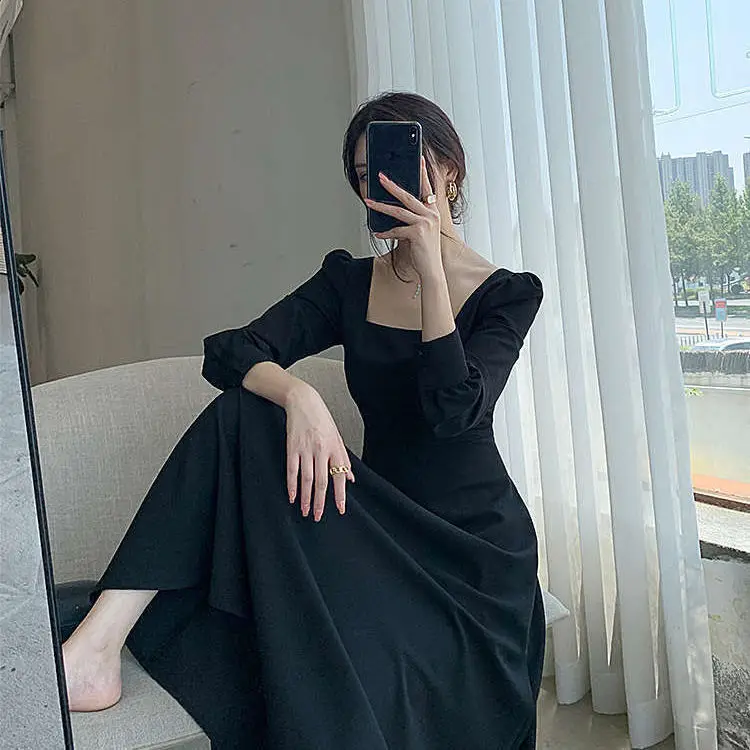 レトロなヘップバーン風スリーブレスレット女性用ロングファションレディースドレス通勤ハイウエストバブルスリーブAラインスカート