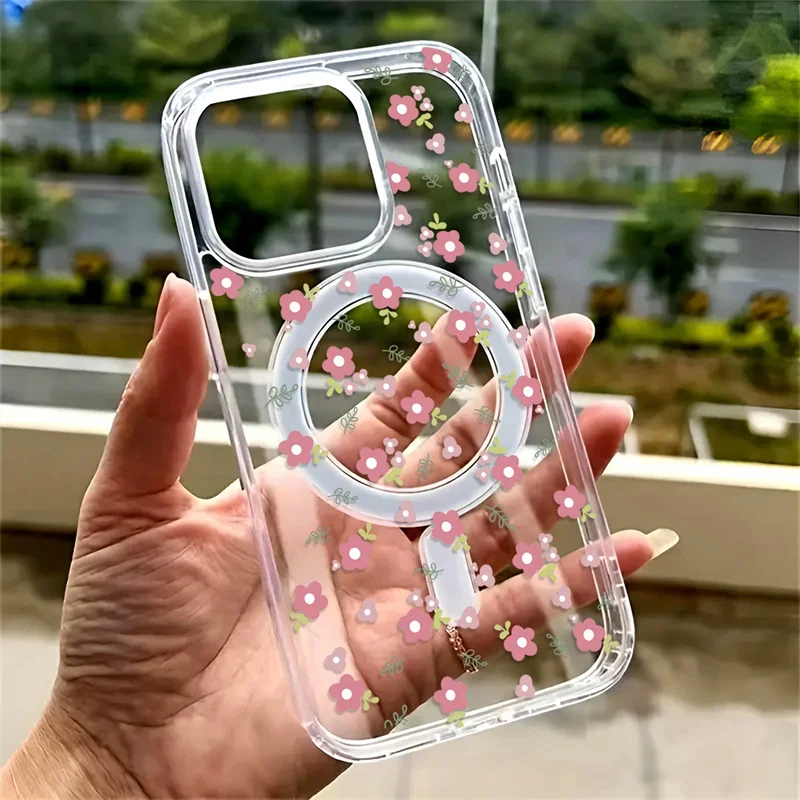 Pink Flowers Acrylic Phone Case for IPhone 16 15 14 13 12 11 Pro Max X XR XSMAX 8 7 Plus Wireless Charge Magsafe Hard Back Cover