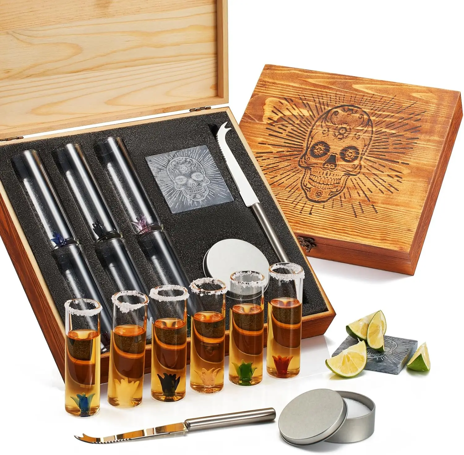 Tequila Gift Box Shot Glass & Salt Gift Set for Men & Women | Six Agave Shot Glasses,  For Limes, One Skull Coaster, One