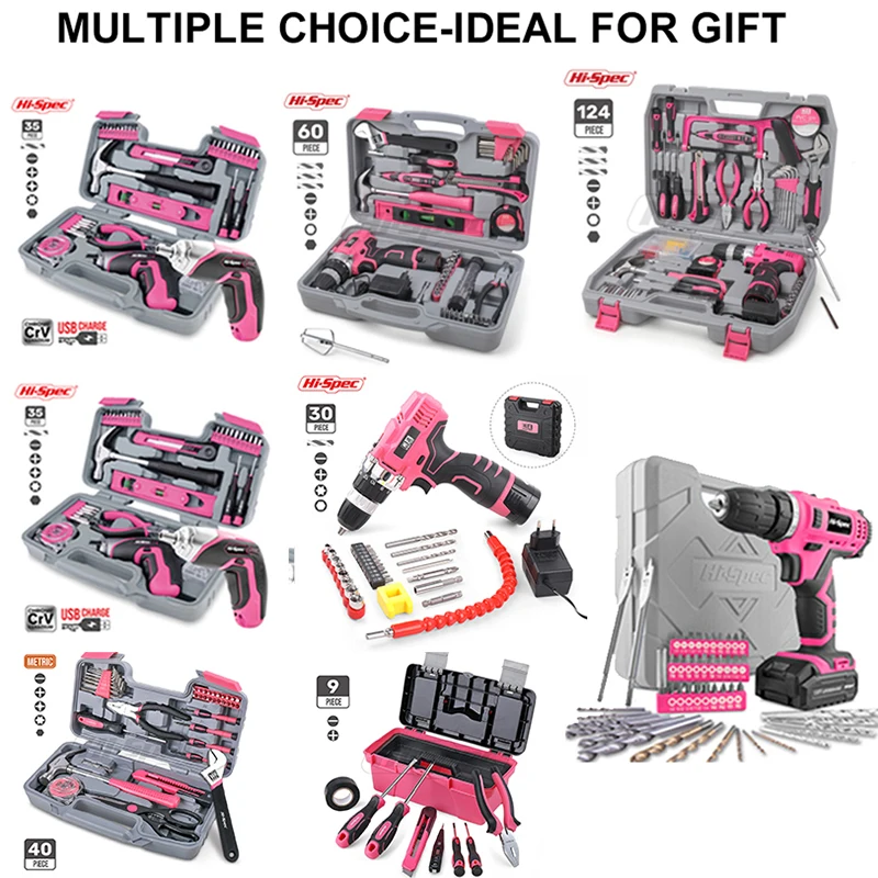 Hi-Spec Roze Hand Tool Set Kit 3.6V - 12V Elektrische Schroevendraaier Li-Ion Batterij Gril Lady Vrouwen huishoudelijke Power Tool Set