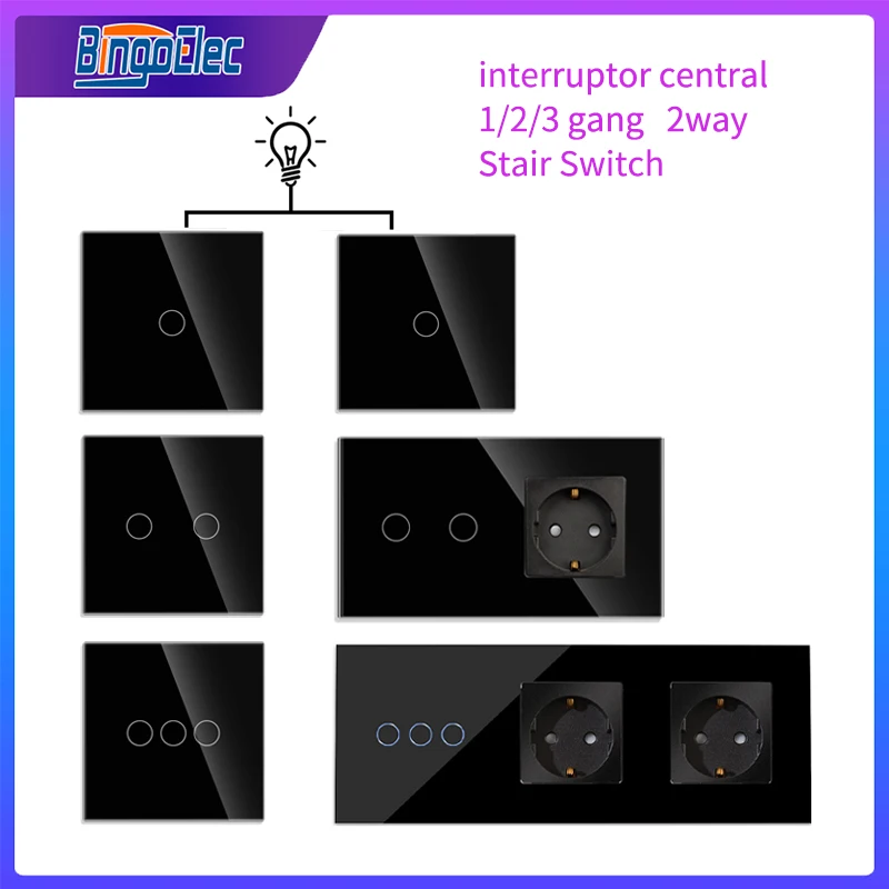 

Bingoelec Black Stair Switch 1Gang 2Gang 3Gang 2way Switch with EU Socket Wall Touch Light Switches with sockets Glass Panel