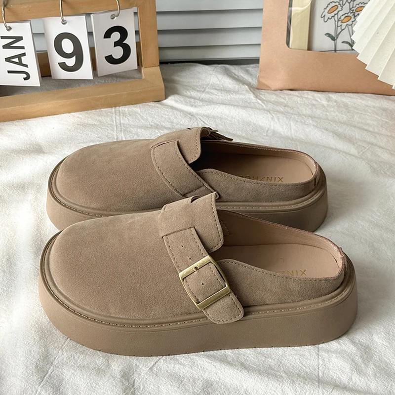 Women's Thick Heel  Sandals Slip-On Half Slippers Spring 2026 Retro Style PU Lined Slip-On Clog Shoes Rubber Sole
