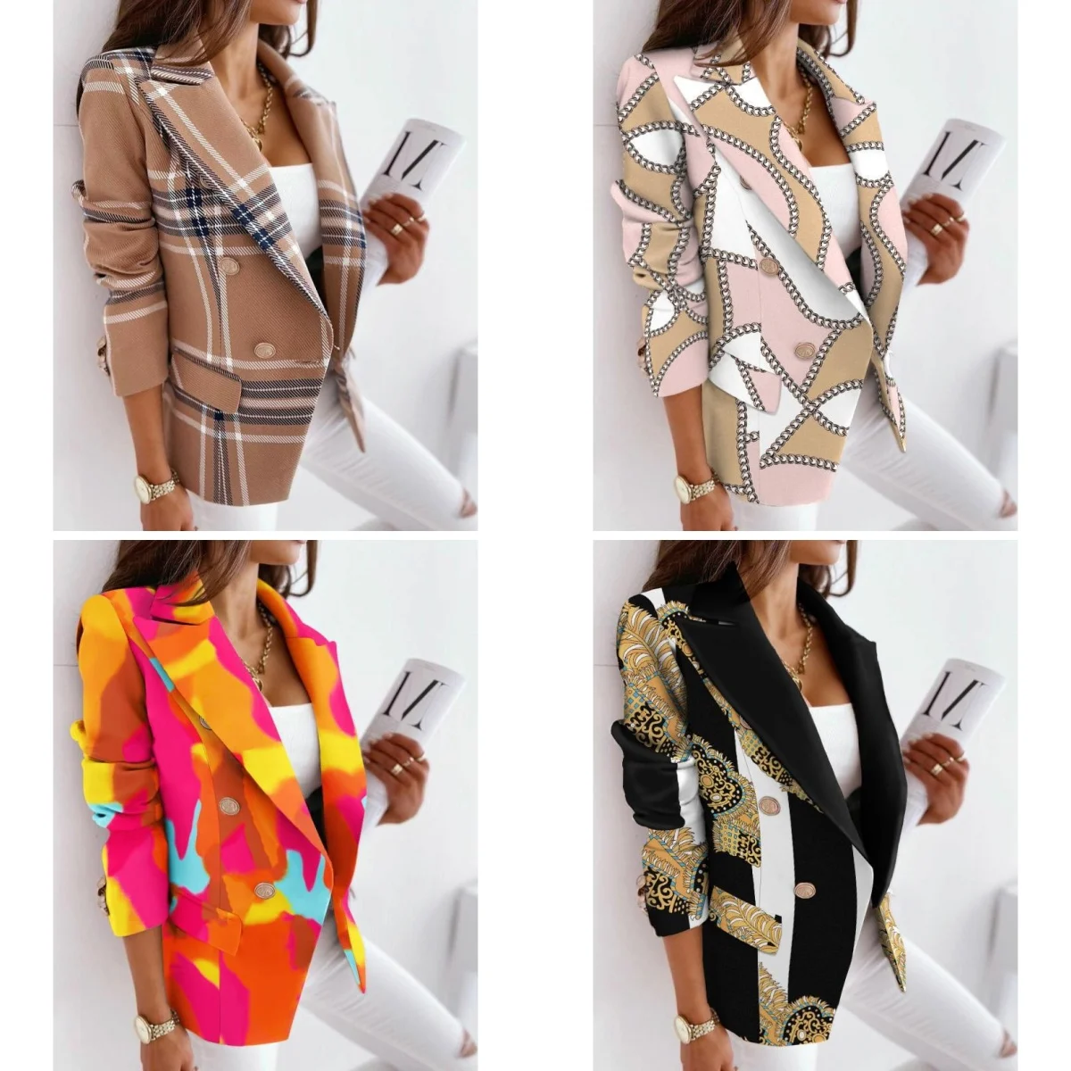 

Двубортный женский пиджак с принтом 2026 — тонкий пиджак из смесовой шерсти, весенне-осенняя повседневная офисная одежда