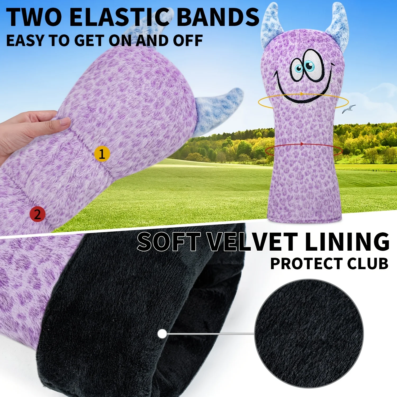 1pc/4pcs Purple Fluffy Monster Horn Cartoon Golf Club Head Covers, Compatible with Driver, Fairway, Hybrid Clubs, Universal Size image 4
