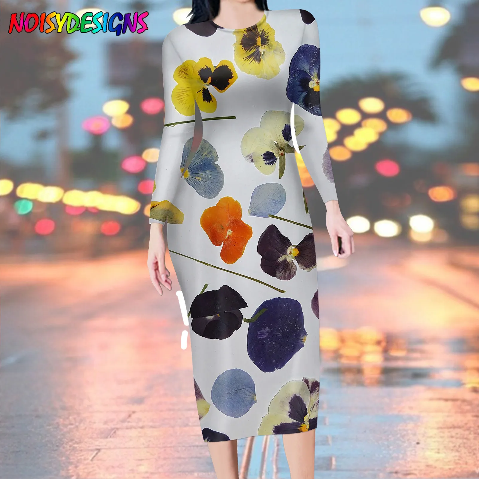 NOISYDESIGNS Long Spring Dress Pansy Flowers Prints Fashion Long Sleeve Office Lady Dress Soft Pencil Vestido Party Robe