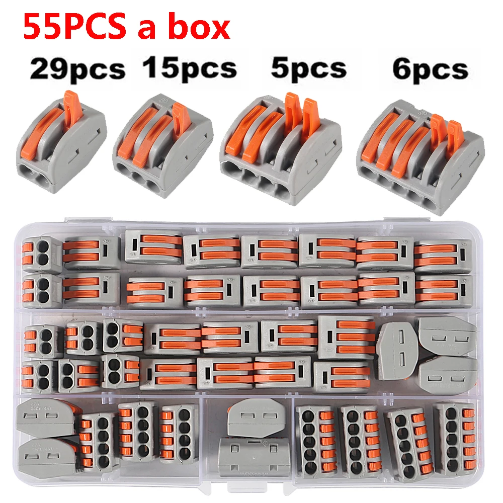 55pcs Quick Wire Connector,Fast Wiring Push in Lever Connectors Electrical Wiring Terminal Block with Storage Box, for Wires