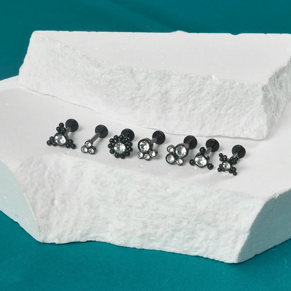 1PC Surgical Steel Black Plated Labret Crystal Cluster Helix Tragus Cartilage Flat Base Ear Studs Piercing Jewelry 16G