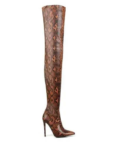 Size 48 Women Sexy Burgundy Orange Gray Python Snakeskin Leather Slim Pointed Toe Thin Heels Over The Knee Thigh Long Boots Shoe