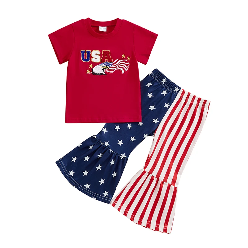 Baby Girl 4th of July Outfits Short Sleeve Eagle Embroidery T-Shirt Flare Pants Set Toddler Clothes