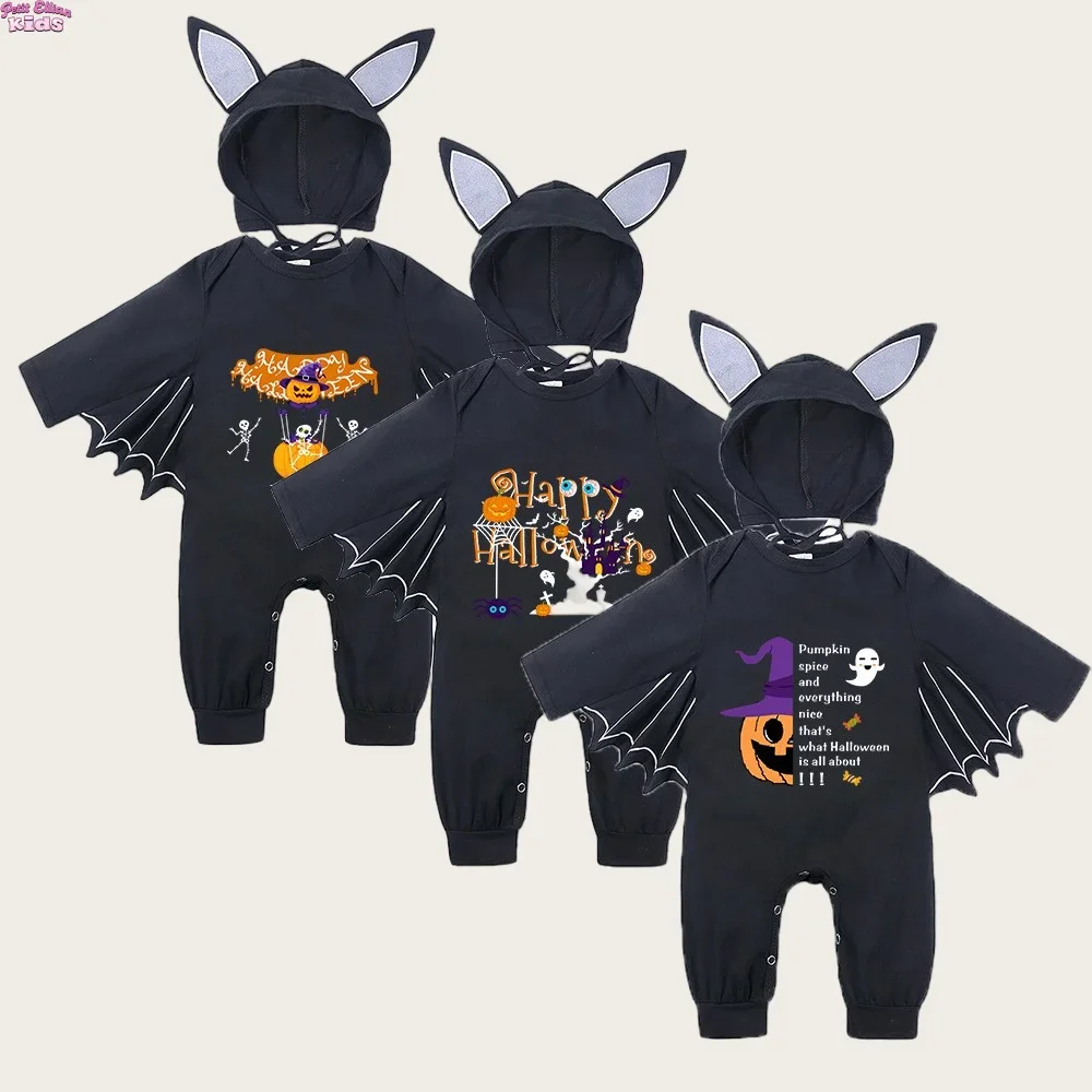 

Toddler Baby Halloween Cotton Romper 0-24M Pumpkin Print Bat Wing Hooded Jumpsuit Cute Soft Infant Boy Girl Casual Party Outfit
