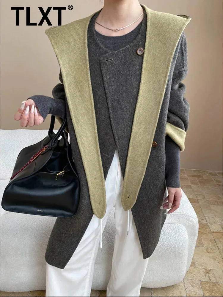 

TLXT модное женское шерстяное пальто со съемным шарфом с капюшоном, элегантное шерстяное двустороннее пальто с круглым вырезом, зима 2023, новинка XK1767