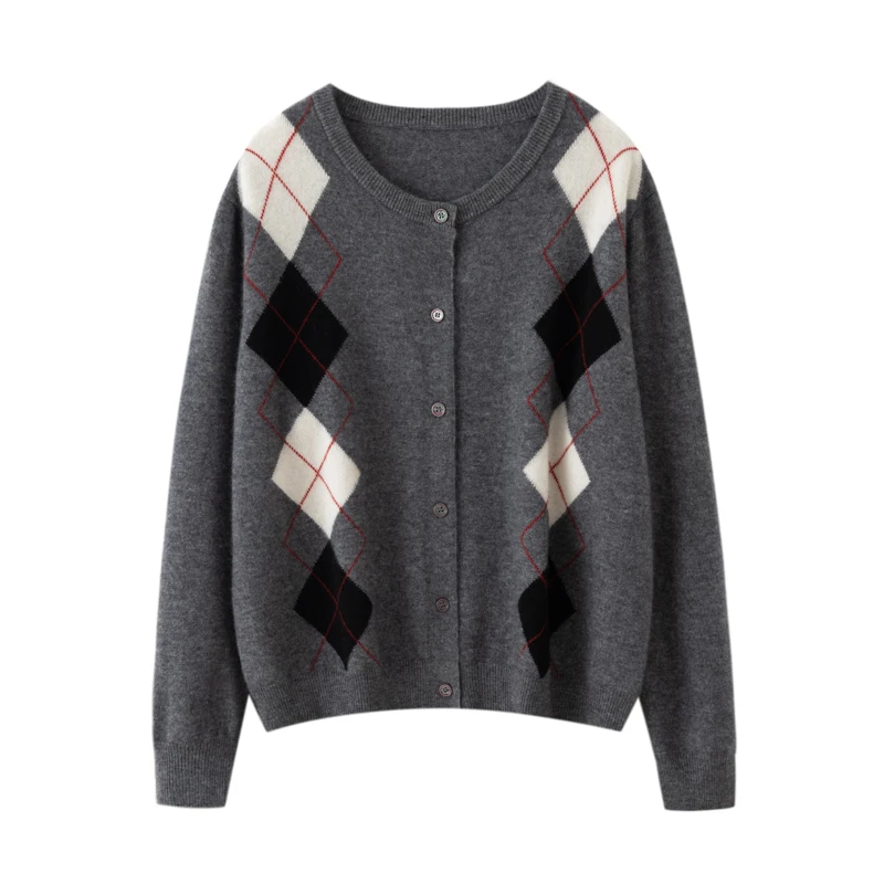 

Choice Women's O-neck Cardigan Knitwear 100% Cashmere Sweater Preppy Style Argyle Design Long Sleeve Tops Autumn Winter Clothes