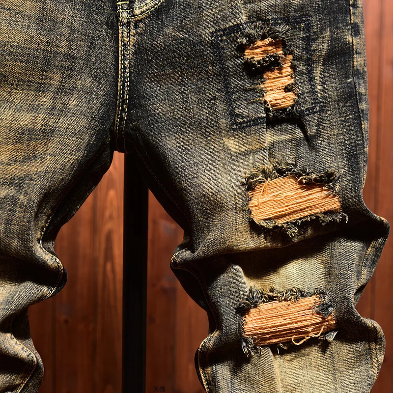 Retro Make Old Ripped Jeans Men's Stretch Yellow Mud Color Nostalgic Trendy Patch Slim-Fitting Ankle-Tied Motorcycle Trousers