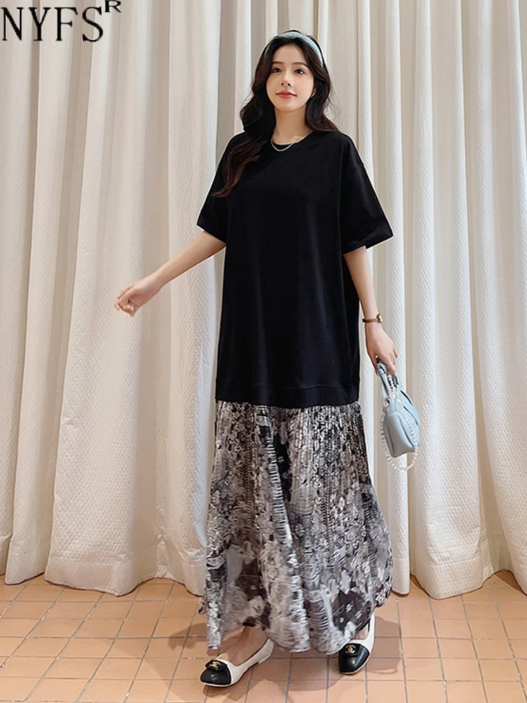 NYFS 2024 Summer New Korea Woman Dresses Vestidos Robe Elbise Loose Plus Size Short Sleeve Patchwork chiffon Hem Long Dress