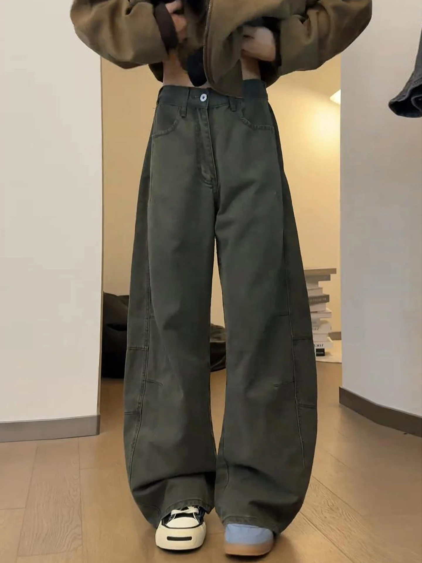 

Green Men's Casual Pants Knife Shape Wide Leg Jeans American Retro Straight Tube Loose Fit Workwear Trousers