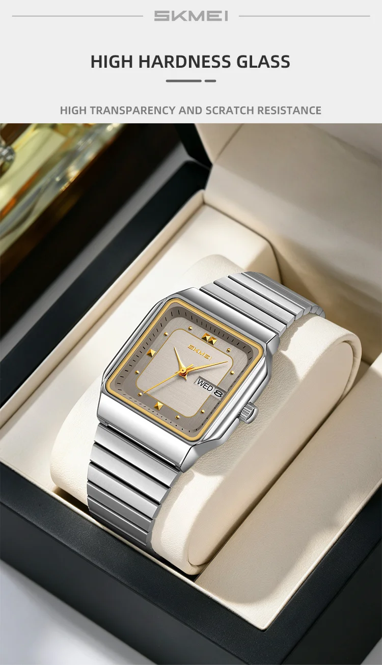 SKMEI 9414 Simple Square Dial Calendar Week Stainless Steel Strap Quartz Watch Men's Waterproof Business Mens Watch Reloj Hombre