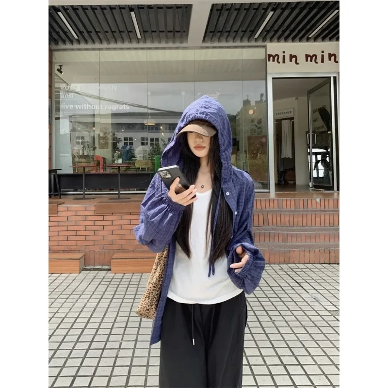 QWEEK Vintage Plaid Hooded Shirt American Retro Oversized Women Blouse Youthful Streetwear Long Sleeve Button Up Clothes Autumn