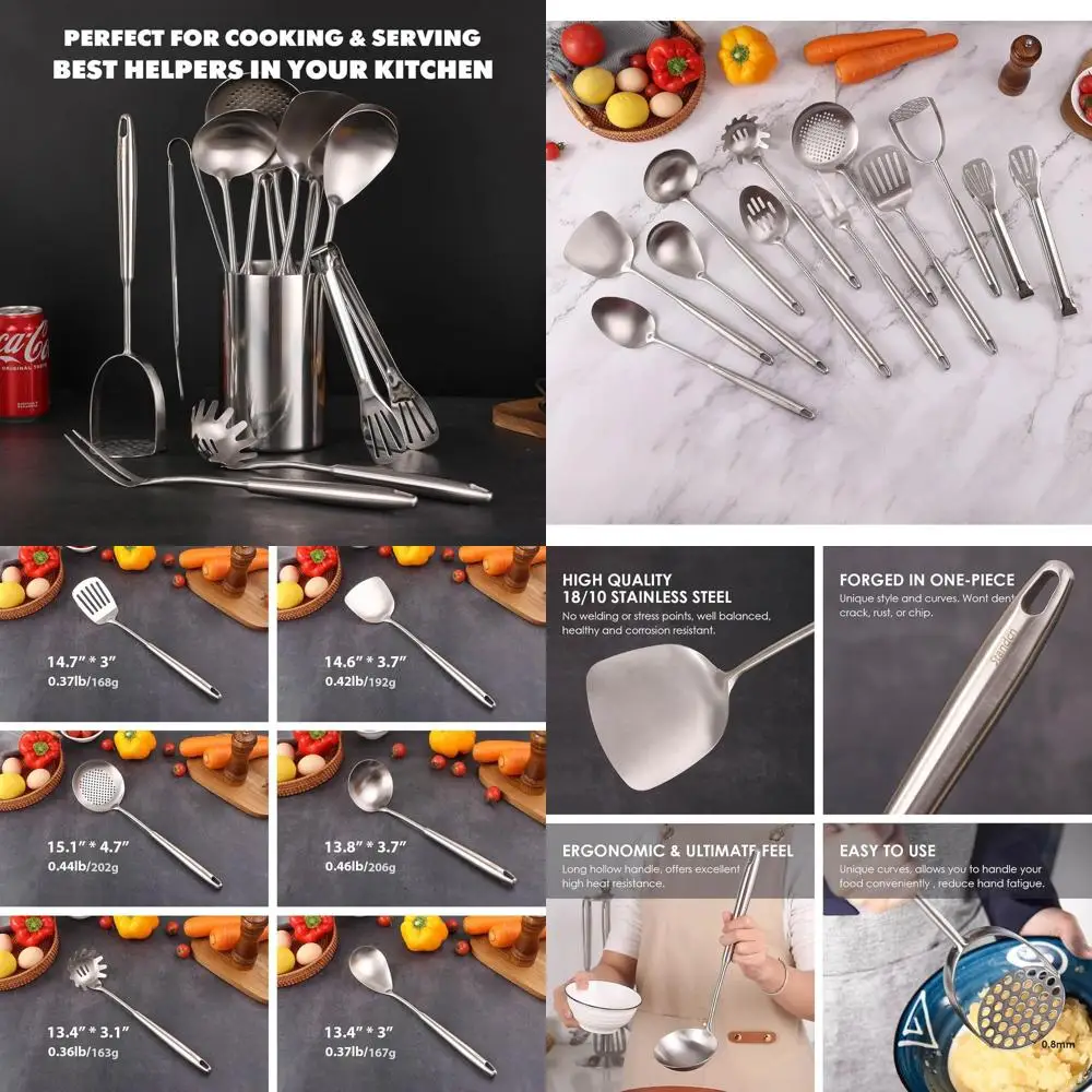 

12-Piece Stainless Steel Kitchen Tool Set with 15 Serving Utensils: Masher, Fork, Tongs, Turner, Pasta, Serving Spoon, Skimmer,