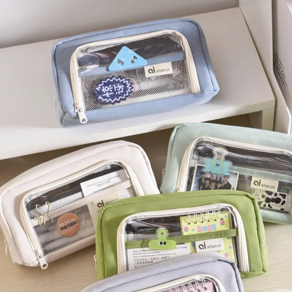 Fashion Large Capacity Transparent Pencil Case with Zipper Double Layers Pencil Bag Stationery Box Student