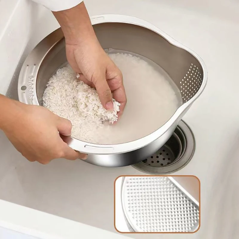 Rice Washer Strainer Bowl Stainless SteelRice Washing Bowl Rice Sieve Colander Fruit And Vegetable Cleaning Basin Kitchen Tools