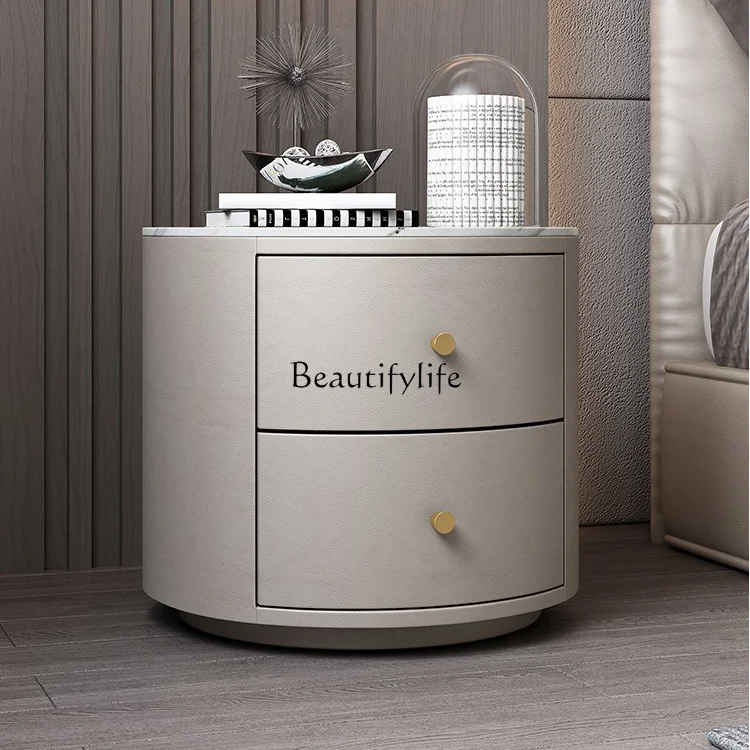 

Solid Wood Bedside Table with Rock Slab, Light Luxury Small Apartment Bedroom Creative Side Cabinet, High-End Sofa Side Table