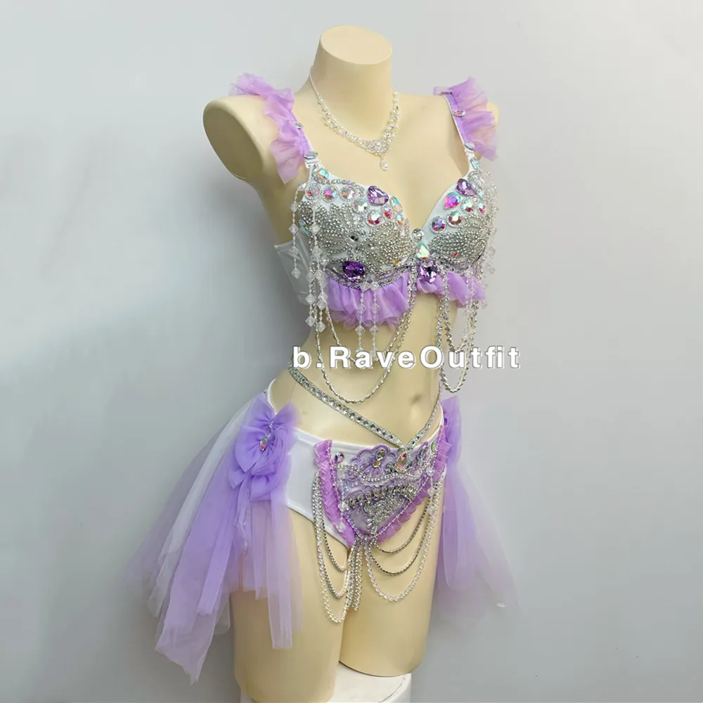 Purple Rhinestones Bikini Sexy Stage Carnival Party Rave Outfit Music Festival Clothing Women Model Catwalk Performance Costume