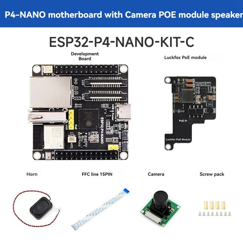 ESP32-P4-NANO Development Board +POE Module+Cam+Speaker Kit Dual-Core RISC-V Wifi6 Bluetooth5/BLE RJ45 100M Ethernet Port