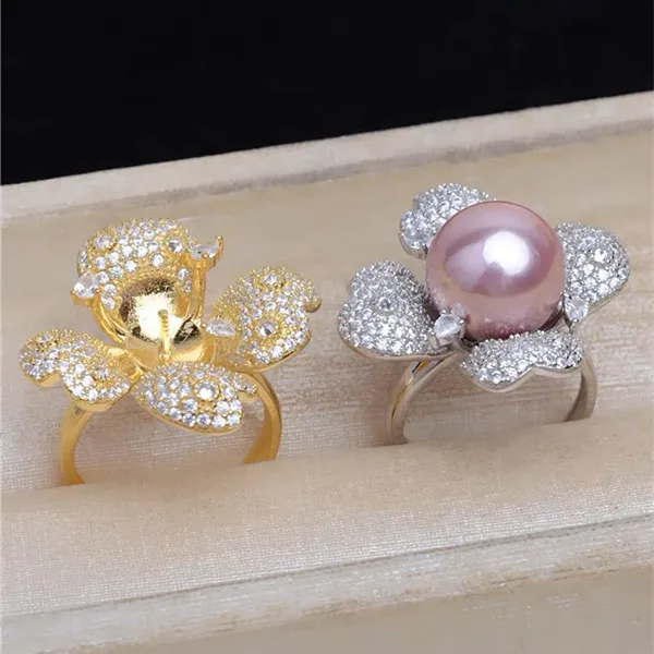 Flower S925 Sterling Silver Adjustable Finger Ring Mountings Base Setting Findings Parts Fittings Accessory for 10-12mm Pearls