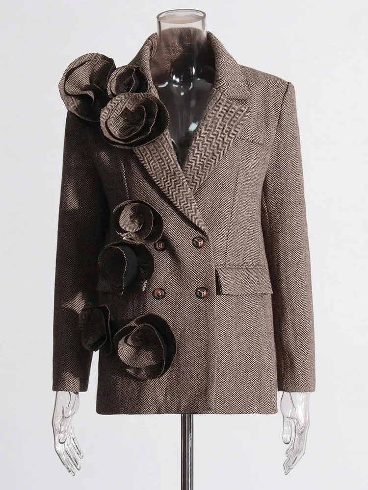 TWOTWINSTYLE Solide Tempérament Blazers Pour Femmes Col Cranté Manches Longues Patchwork Appliques Designer Élégant Blazer Femme