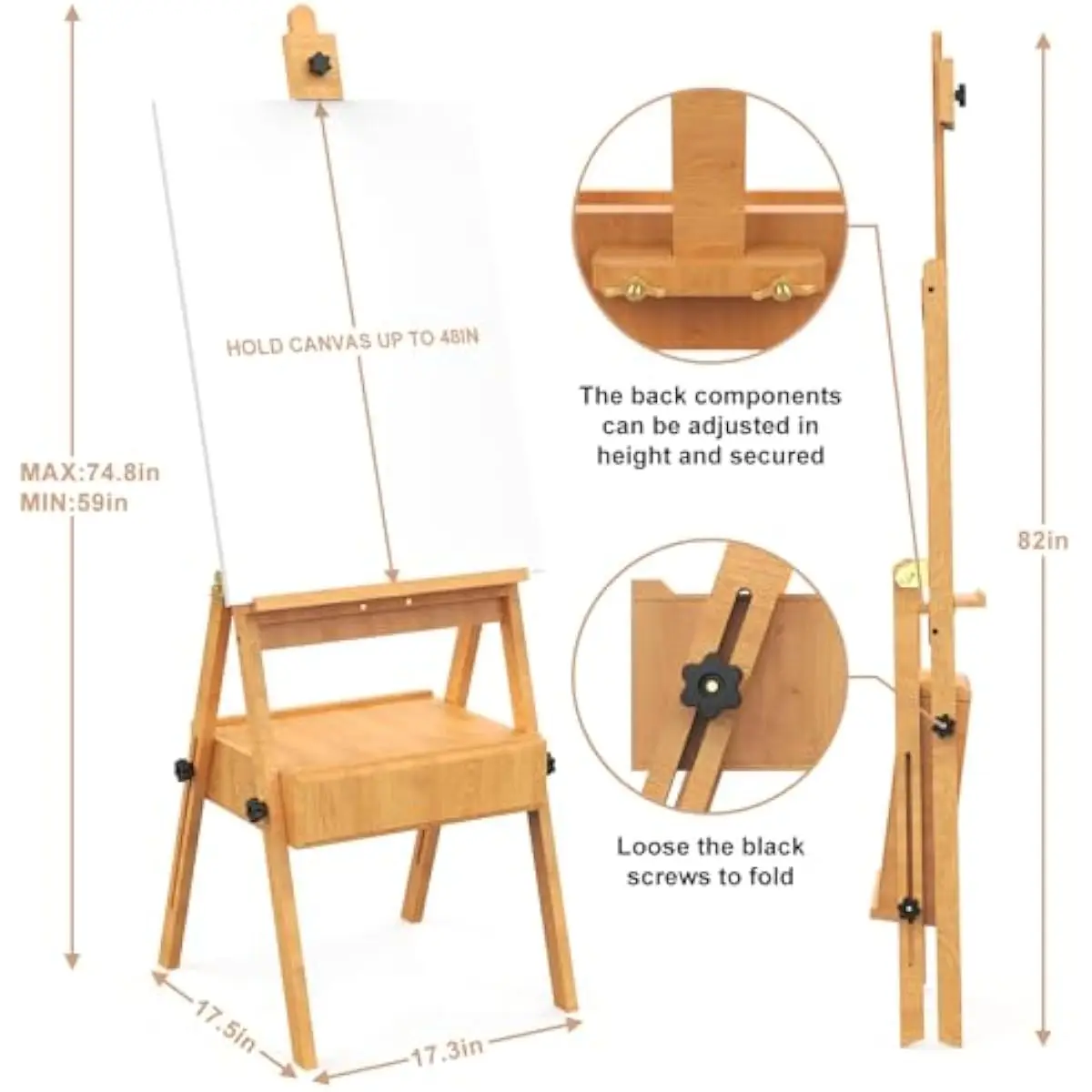 Sturdy Natural Beech H-Frame Painting Easel with Integrated Drawer Storage • Adjustable for Canvases Up to 36 Inches • Smooth Li