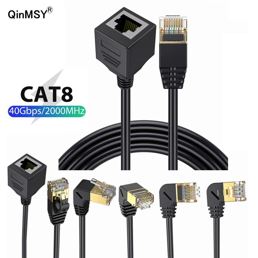 40Gbps Cat8 Extension 8P8C Cable Cord Rj45 Cat8/7/6 Ethernet Lan Network Male To Female 90 Degree Right Anlge For PC Laptop