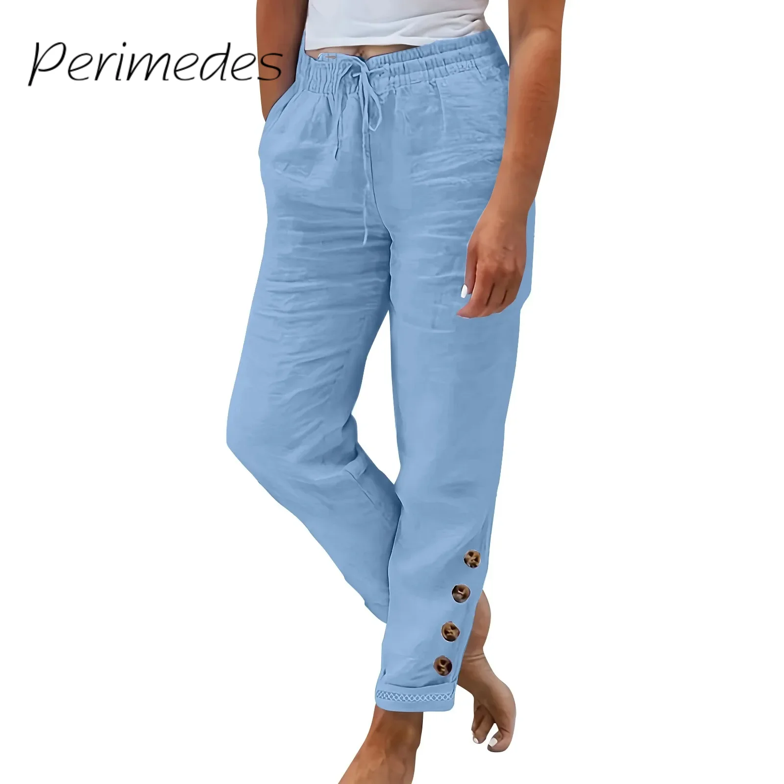 Pantalones Women'S Summer New Pants Elastic Waist With Pockets Straight Leg Pants Solid Color Cotton Linen Loose Ninth Pants