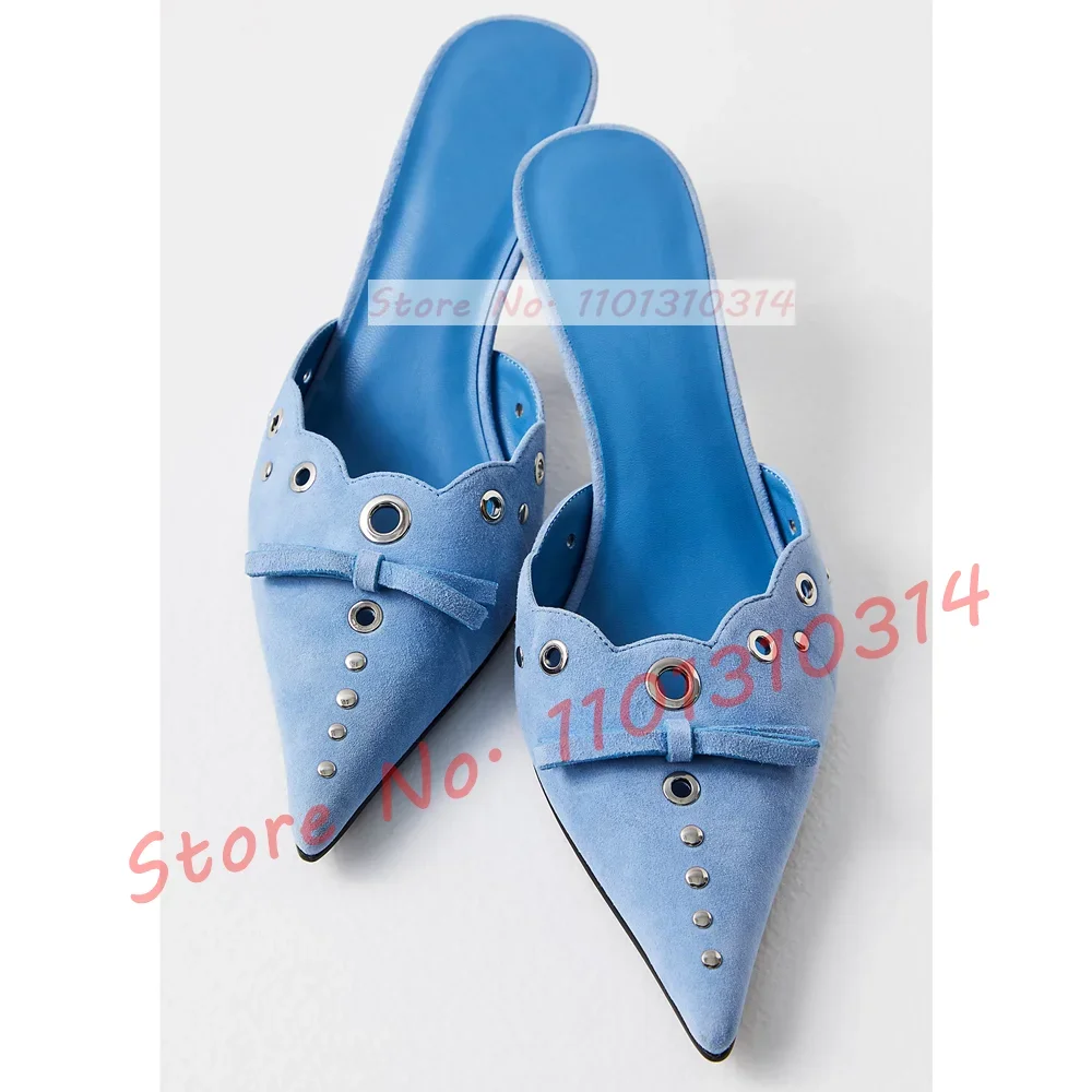 

Suede Pointy Toe Mules With Bow Women Metal Grommet Details Backless Low Heel Shoes Ladies Trending Chic Studs Wavy Edge Slides