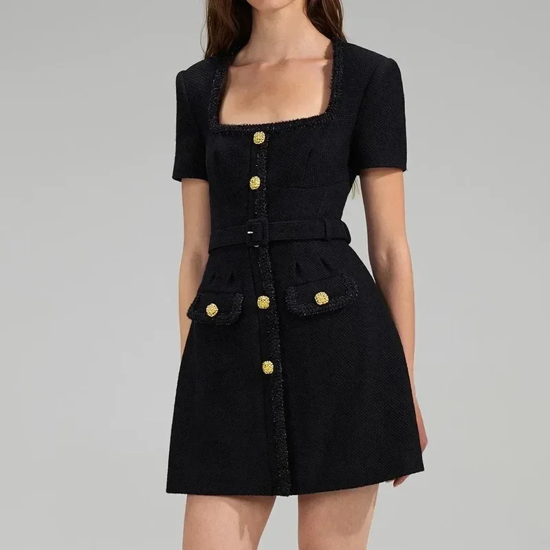 2024 New High Quality Classic Black Wool Square Neck Waisted Short Sleeve Belted Women Mini Dress