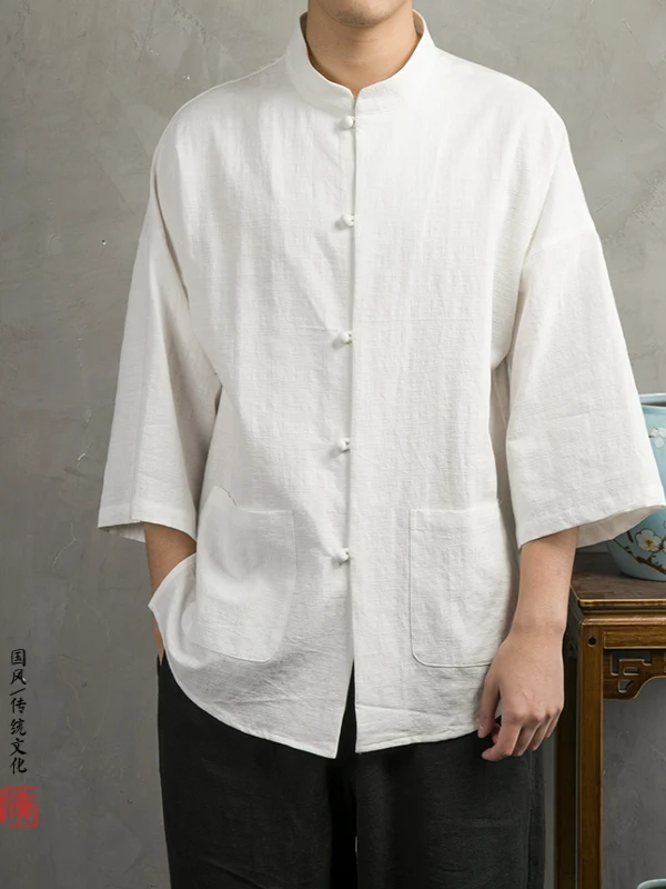 

Young Men's ort Sve Hanfu Zen Study Clothing Ethnic Layman Tang Costume Cotton Linen Blend Stand Fit Summer irt