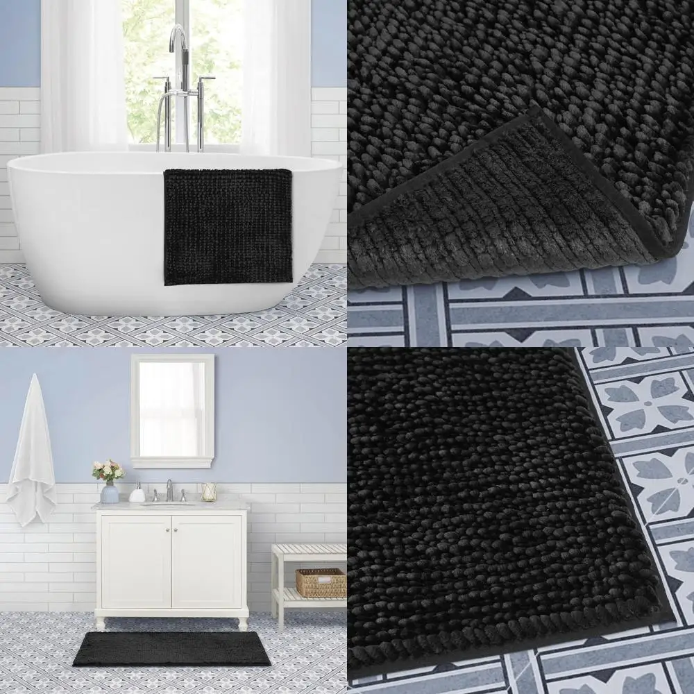 

Black Plush Bath Mat, Non-Slip Shaggy Rug, 27x45 Inches for Shower and Sink Area