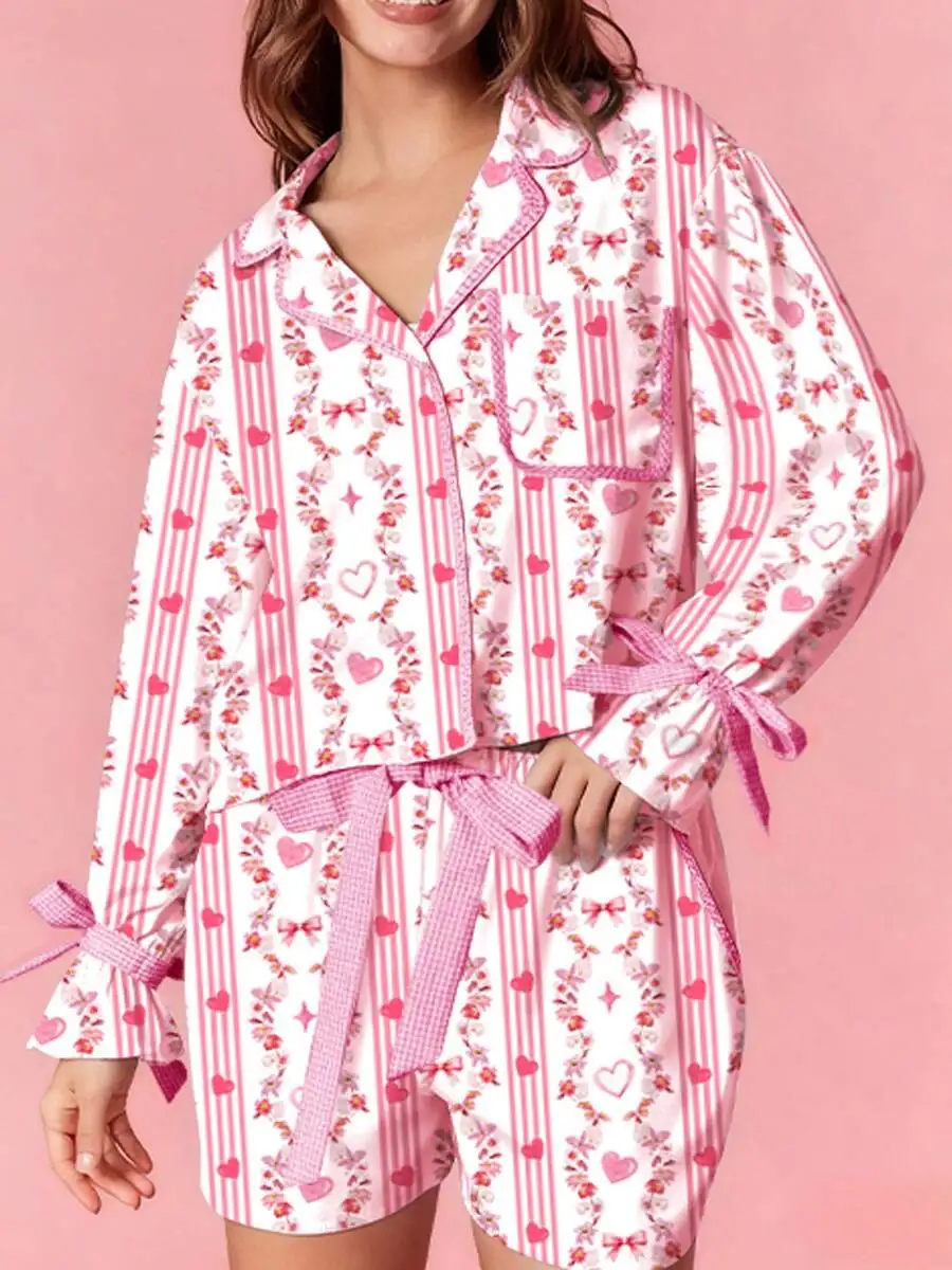 

Valentines Day Heart Print Bow Sleeve Pajama Set Women Long Sleeve Sleepwear Shorts Loungewear
