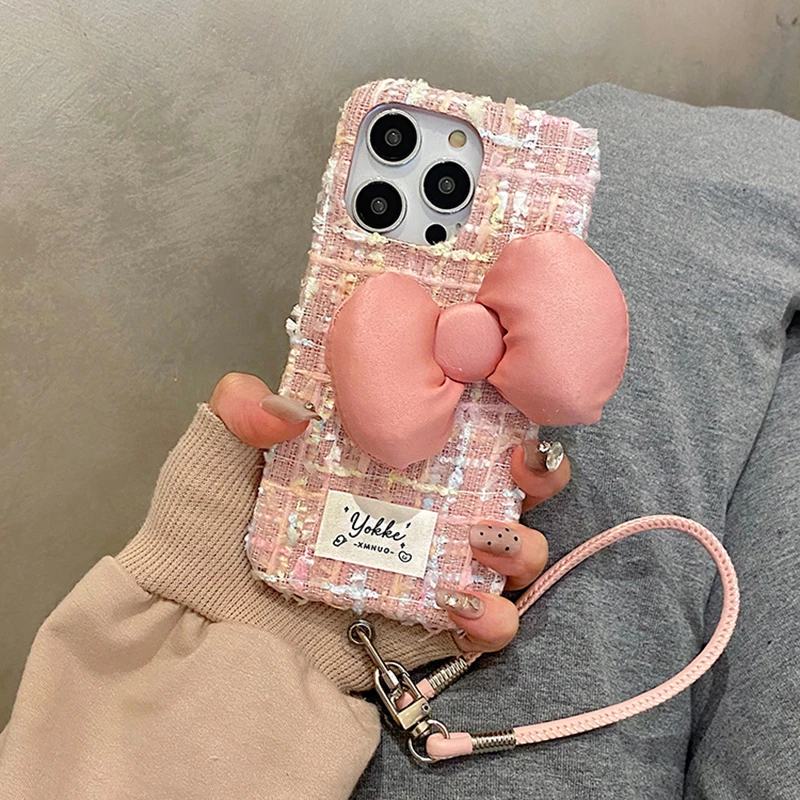 Fashion Pink Plush Weave Texture Bowknot Case For iPhone 16 Pro Max 15 13 14 12 Soft Fabric Phone Back Cover