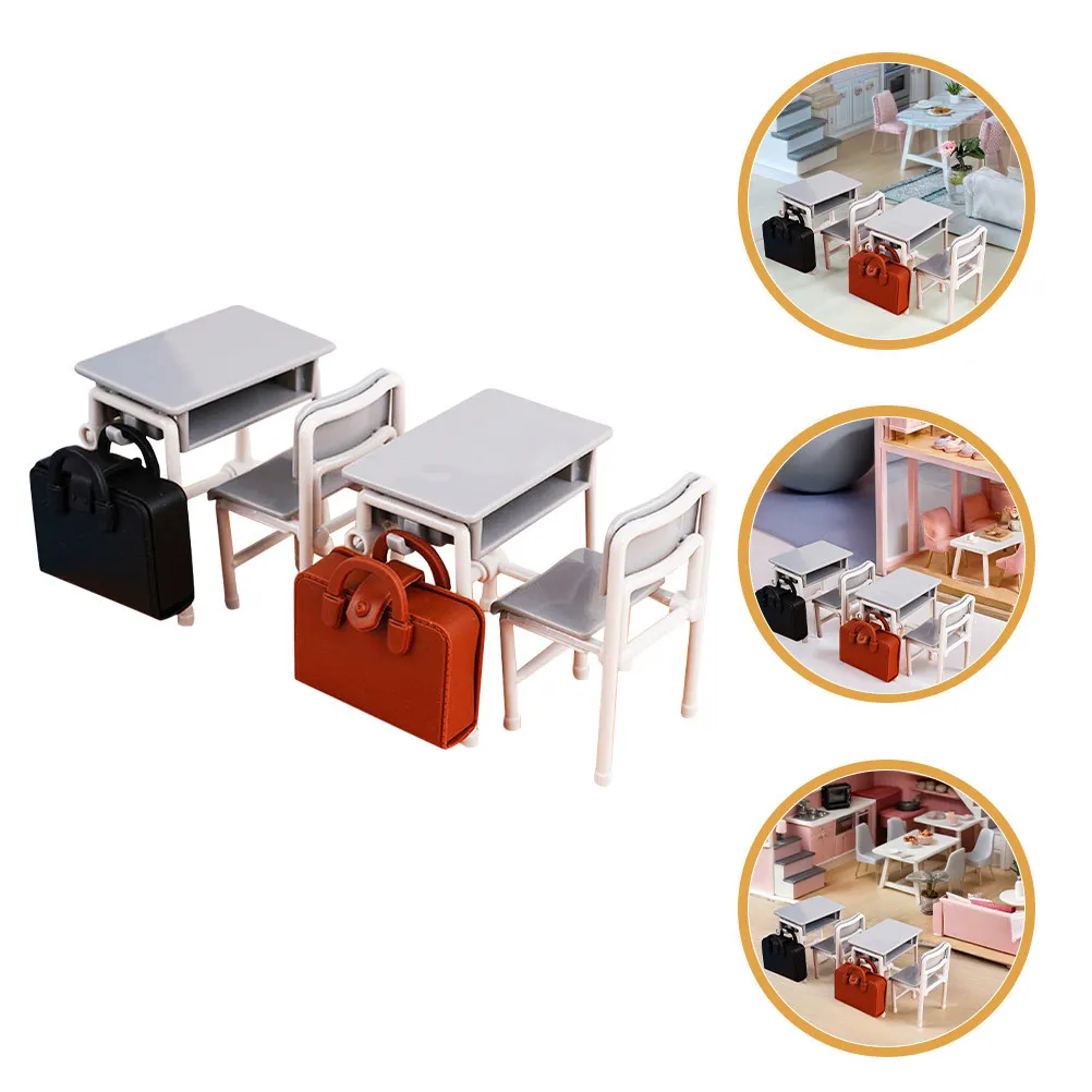 

2Set Miniature Table and Chair Set Authentic School Desk Design with Small Backpack for Dollhouse Accessories and Desktop