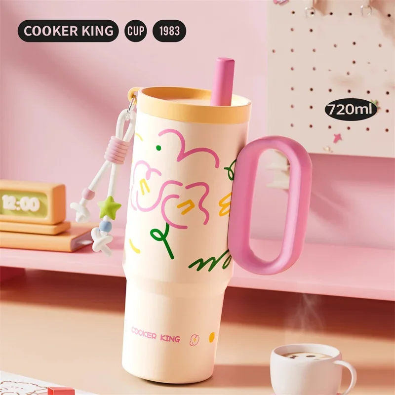 COOKER KING Stainless Steel Thermos Cup 720ML Insulated Water Bottle with Straw Leak-proof Car Vacuum Mug with Tea Strainer