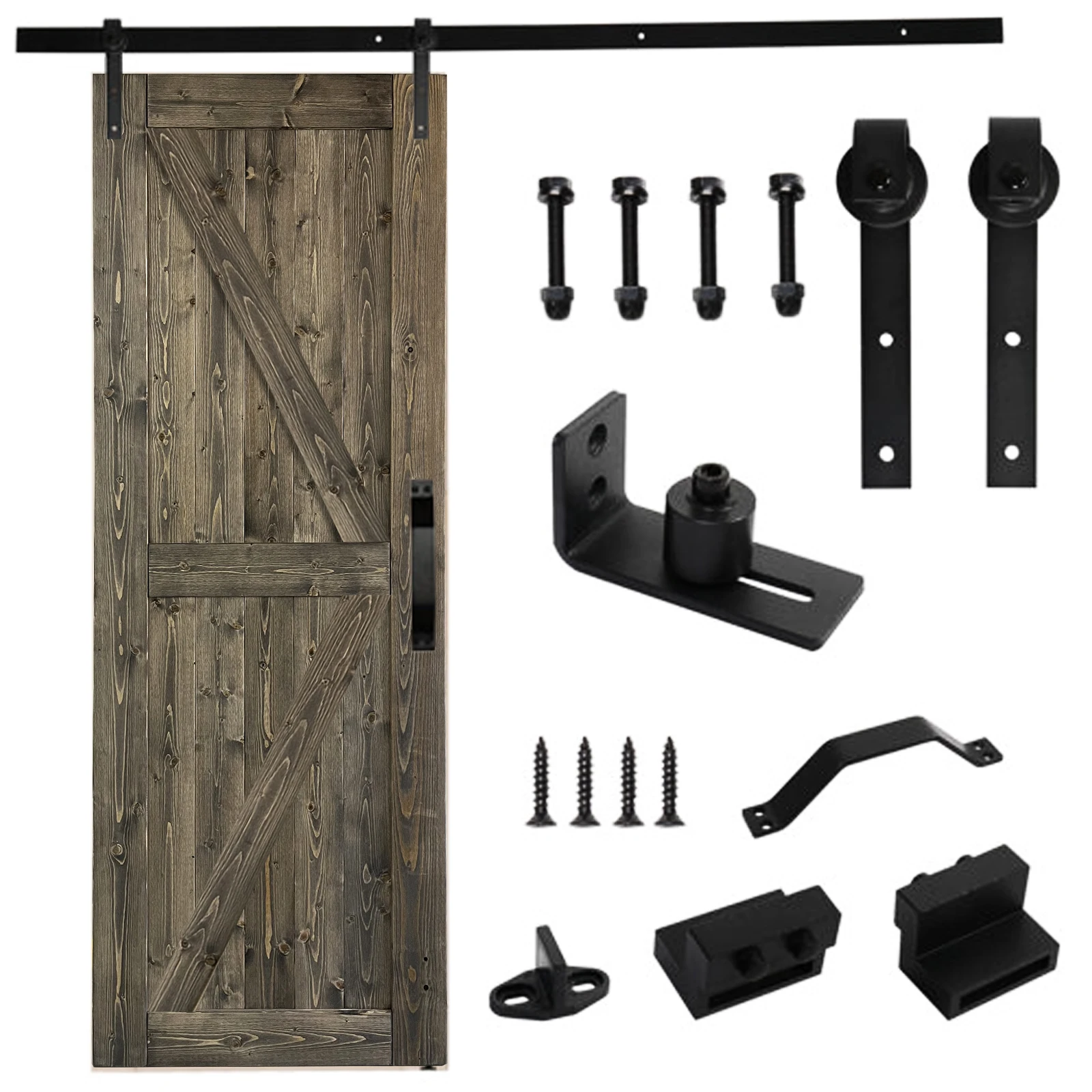 30 in. x 84 in. Sliding Barn Door with 5FT Barn Door Hardware Kit & Handle ，K Frame，Solid Spruce Wood，gray spray paint